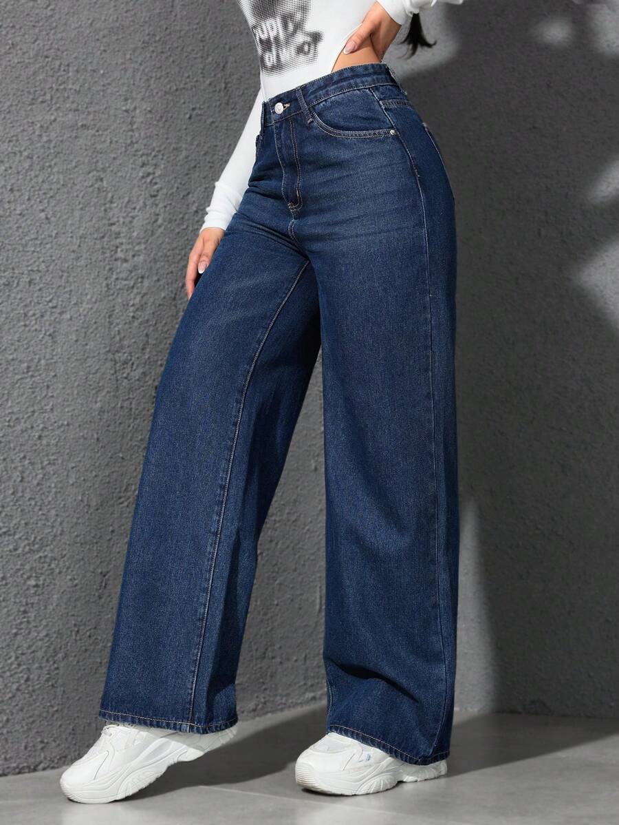 SHEIN ICON Casual Relaxed-Fit High-Waist Straight Leg Denim Jeans