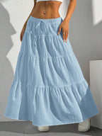 MainGRL Women Solid Color High Waist Tie Ruffled Hem Maxi Skirt