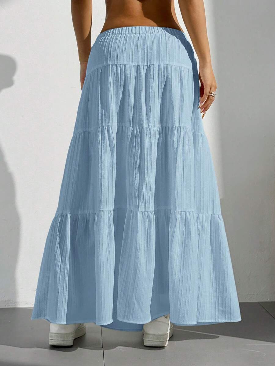 MainGRL Women Solid Color High Waist Tie Ruffled Hem Maxi Skirt