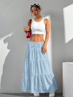 MainGRL Women Solid Color High Waist Tie Ruffled Hem Maxi Skirt