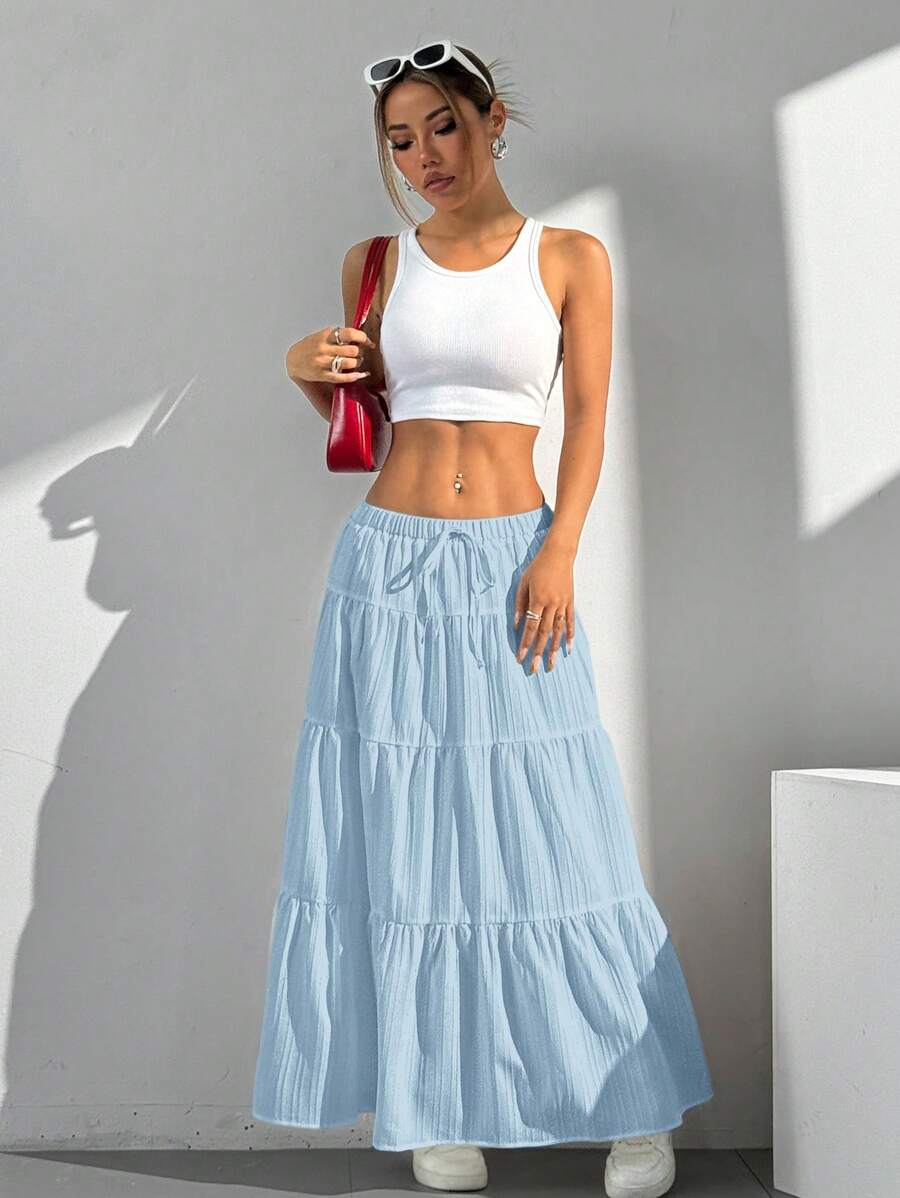 MainGRL Women Solid Color High Waist Tie Ruffled Hem Maxi Skirt