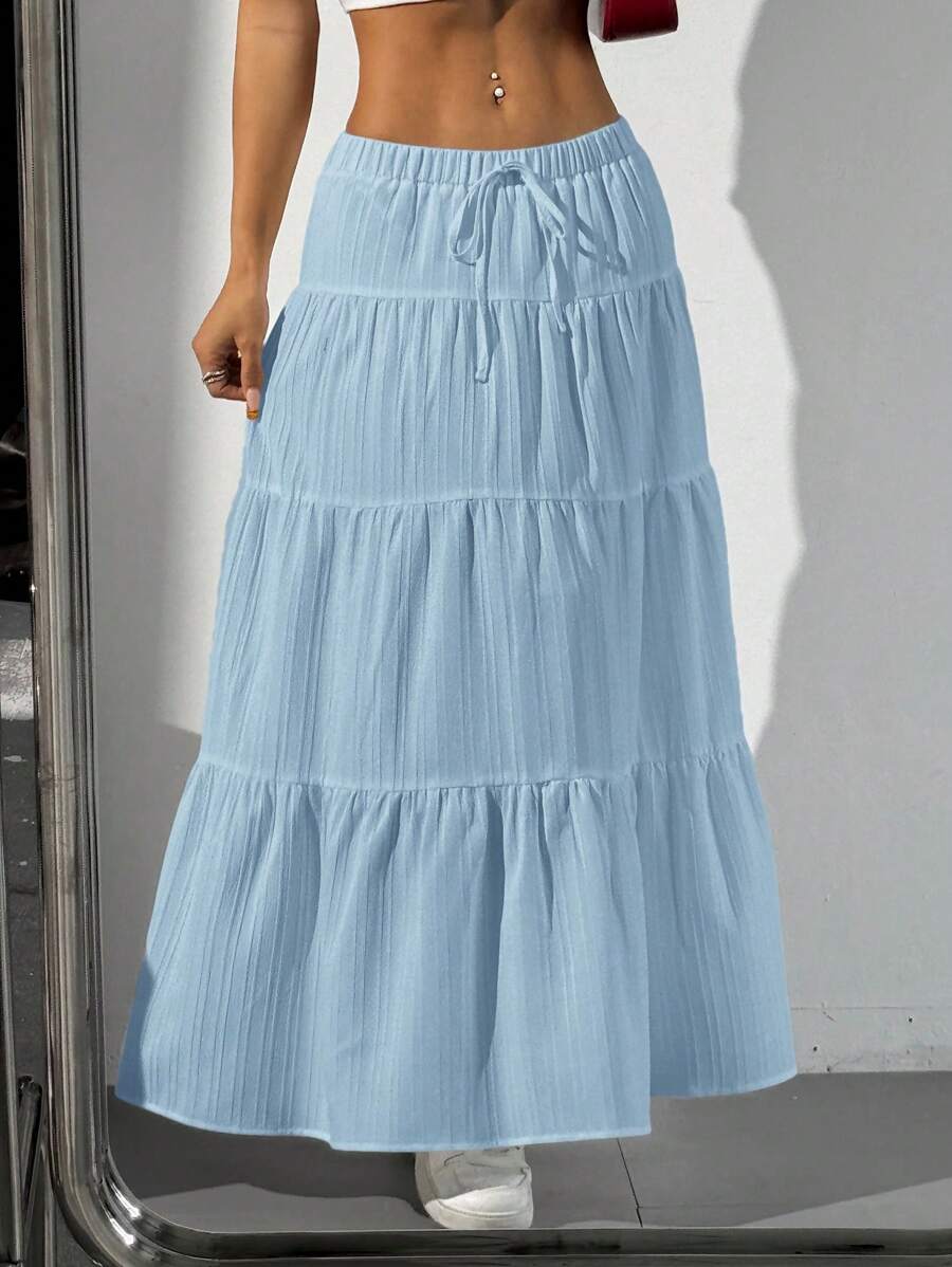 MainGRL Women Solid Color High Waist Tie Ruffled Hem Maxi Skirt