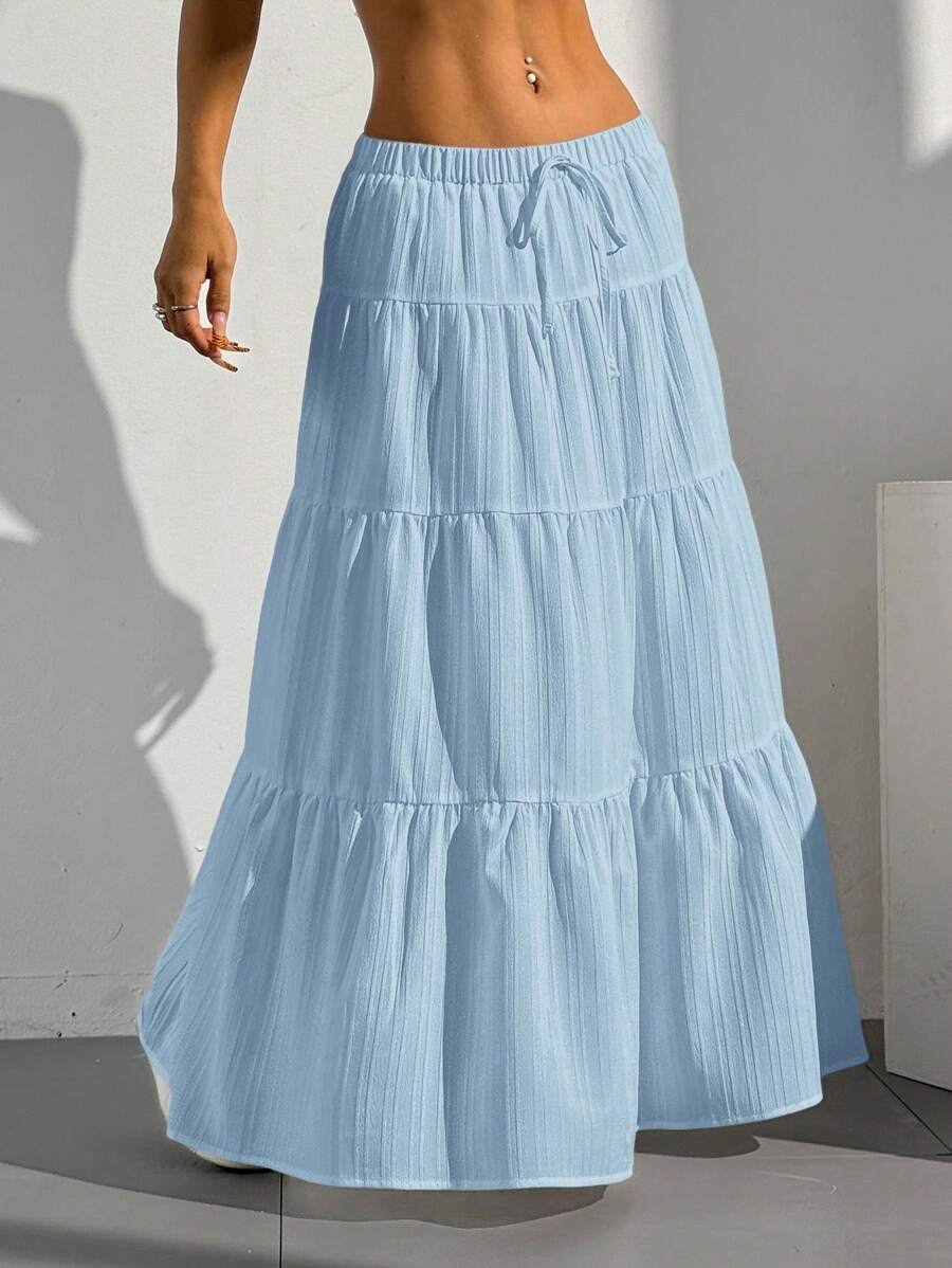 MainGRL Women Solid Color High Waist Tie Ruffled Hem Maxi Skirt