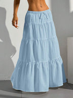 MainGRL Women Solid Color High Waist Tie Ruffled Hem Maxi Skirt