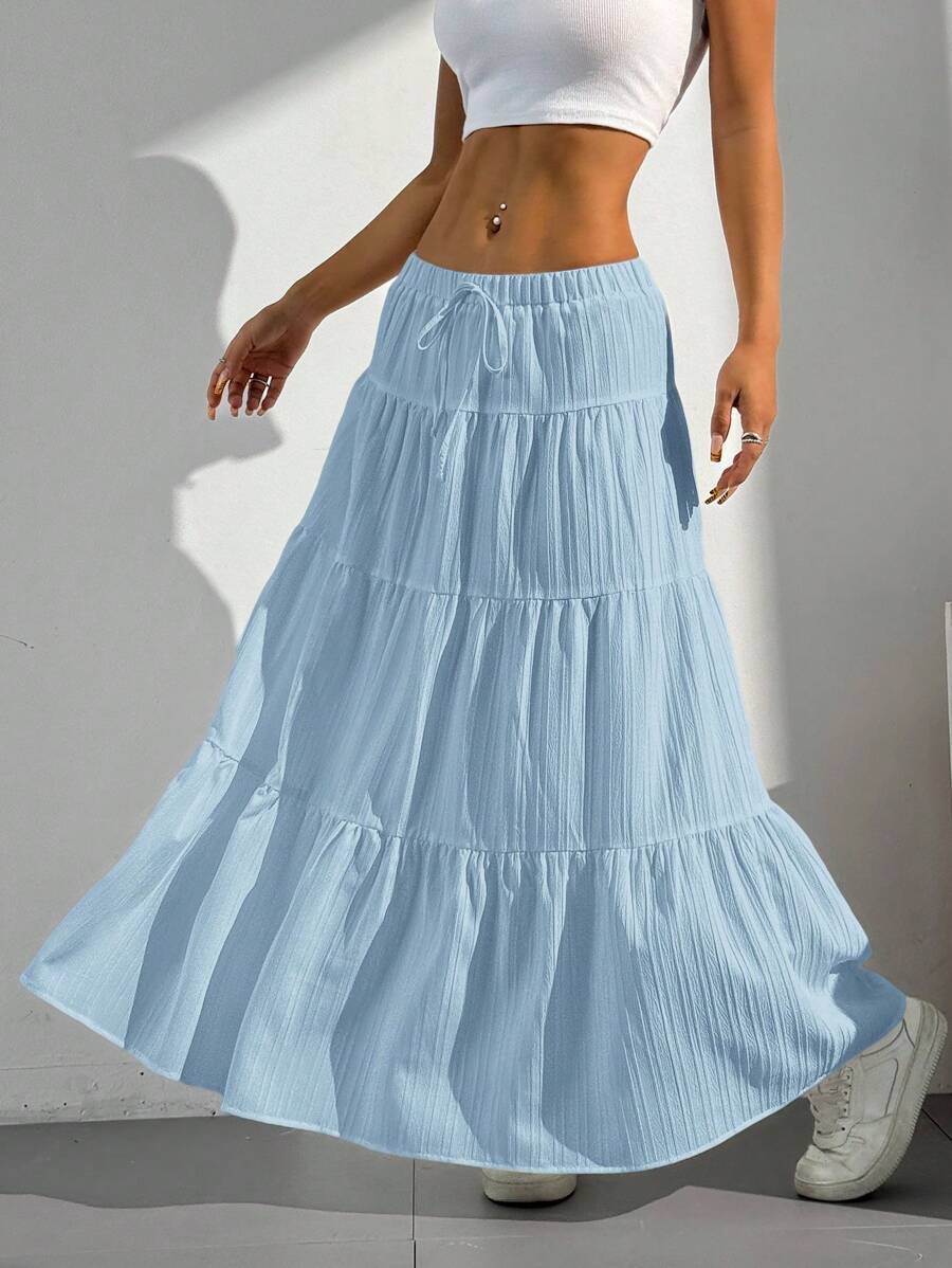 MainGRL Women Solid Color High Waist Tie Ruffled Hem Maxi Skirt