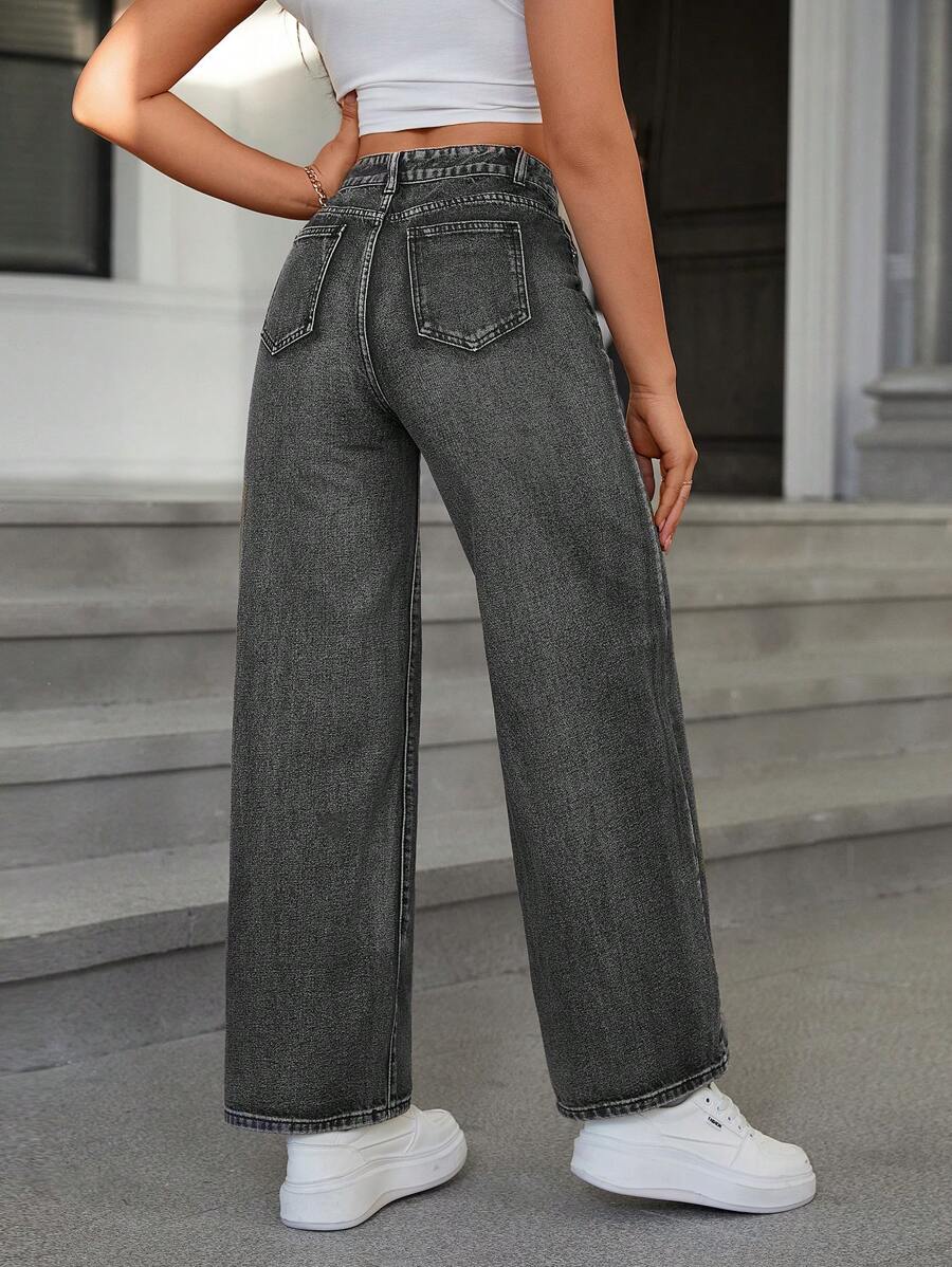 SHEIN ICON Casual Relaxed-Fit High-Waist Straight Leg Denim Jeans