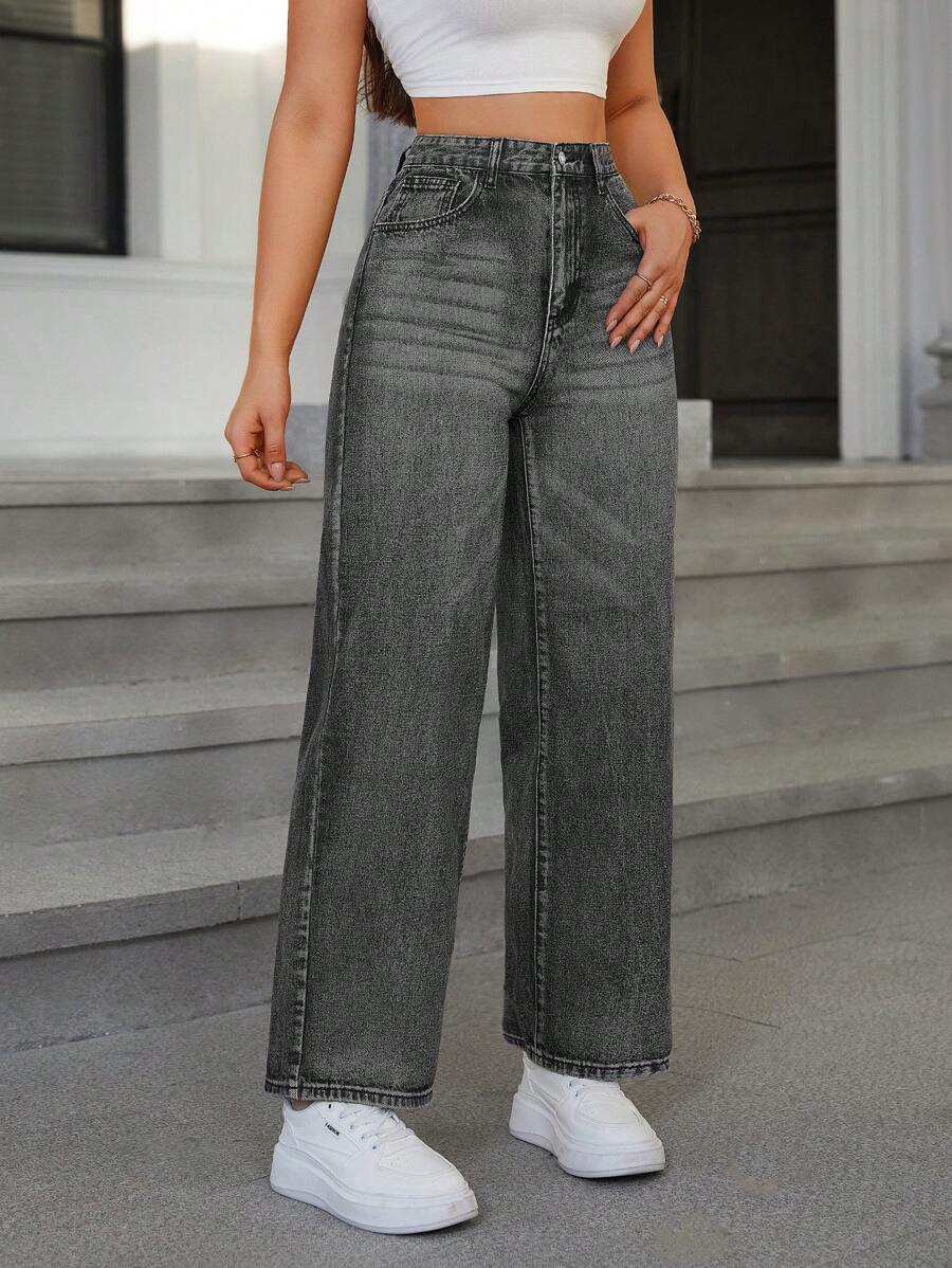 SHEIN ICON Casual Relaxed-Fit High-Waist Straight Leg Denim Jeans
