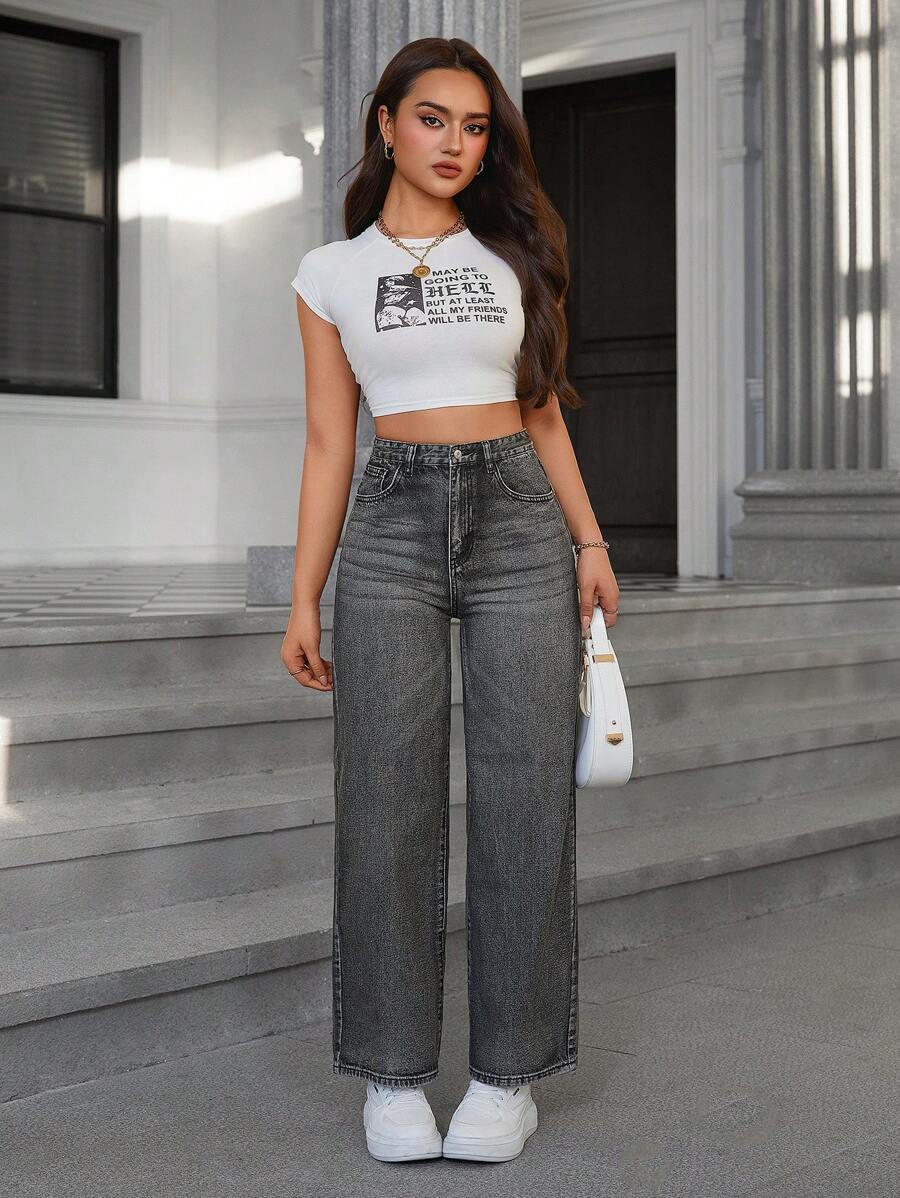 SHEIN ICON Casual Relaxed-Fit High-Waist Straight Leg Denim Jeans