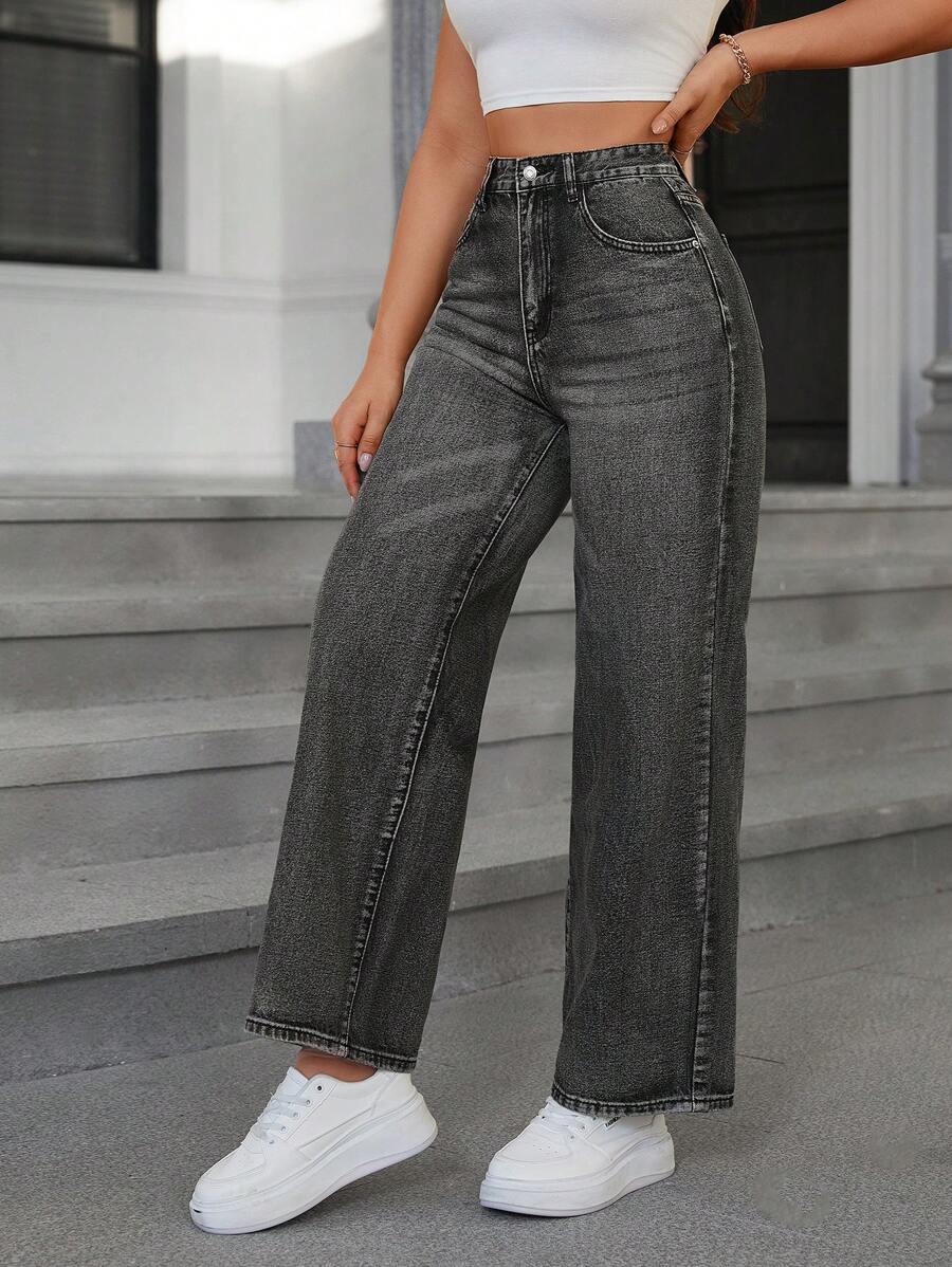 SHEIN ICON Casual Relaxed-Fit High-Waist Straight Leg Denim Jeans
