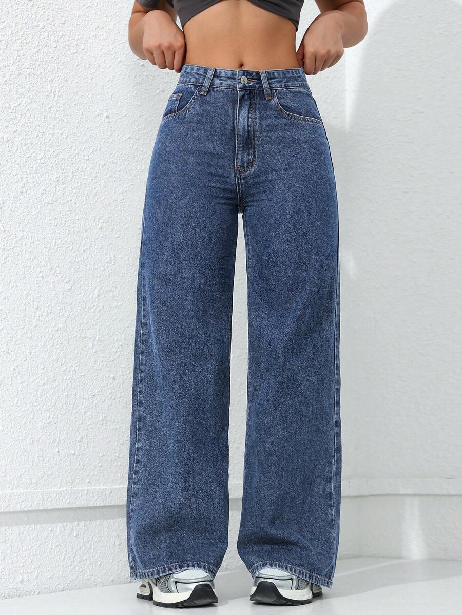 SHEIN ICON Women's Loose Fit Wide Leg Pockets Casual Versatile Jeans Pants