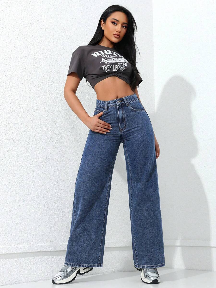 SHEIN ICON Women's Loose Fit Wide Leg Pockets Casual Versatile Jeans Pants