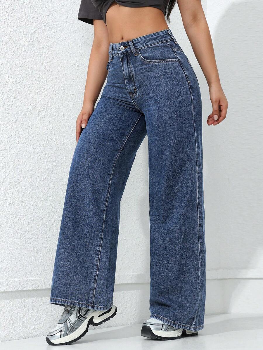 SHEIN ICON Women's Loose Fit Wide Leg Pockets Casual Versatile Jeans Pants