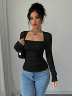Selianne 1pc Women Leopard Print T-Shirt With Long Sleeve, Square Neckline, Ruched Waist And Slit Cuffs Cheetah Print Tee For Spring Fall Cloth For Women