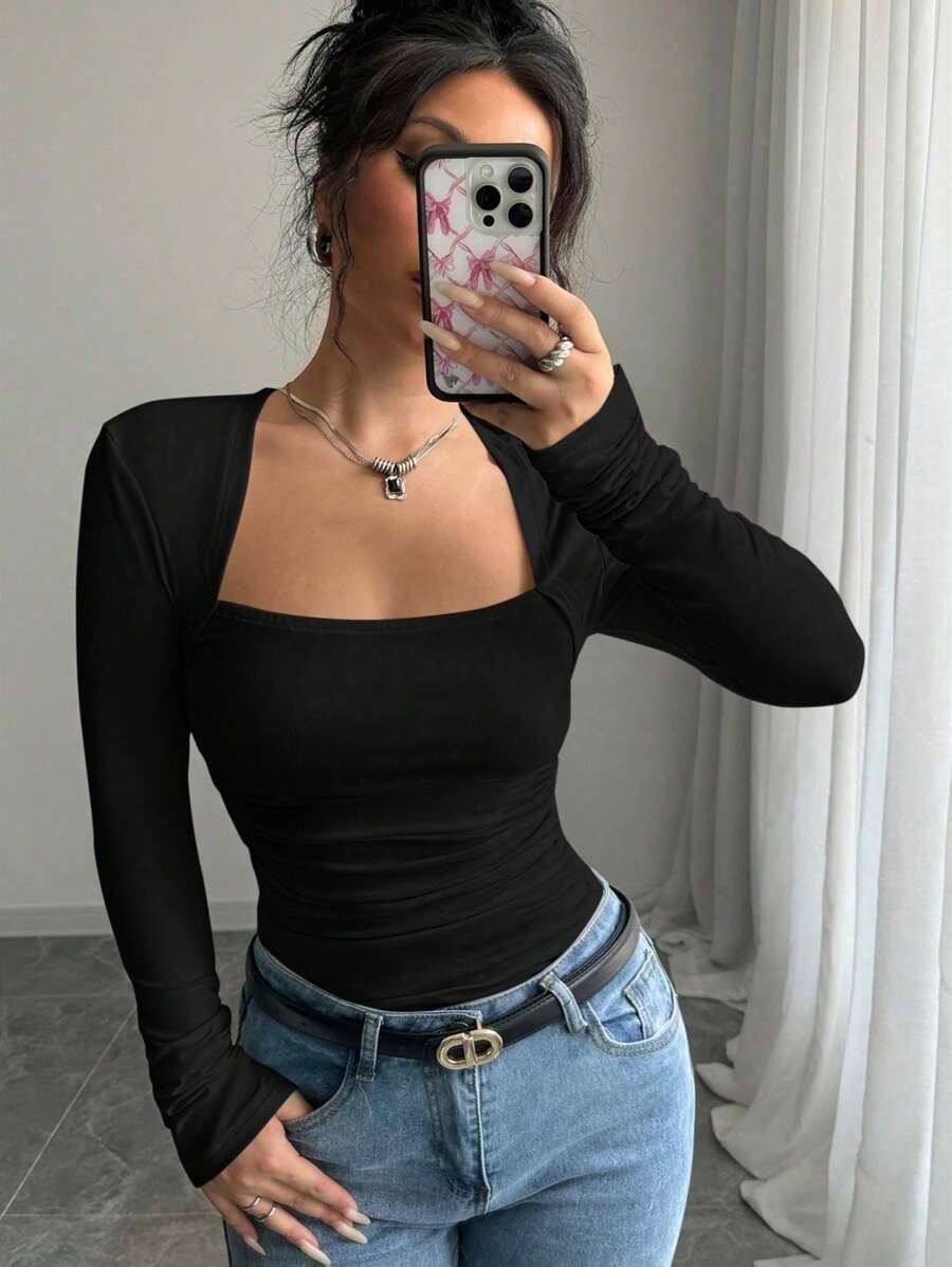 Selianne 1pc Women Leopard Print T-Shirt With Long Sleeve, Square Neckline, Ruched Waist And Slit Cuffs Cheetah Print Tee For Spring Fall Cloth For Women