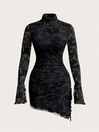 SHEIN ICON Women's Spring Summer Stand Collar Fitted Solid Color Long Sleeve Mesh Dress