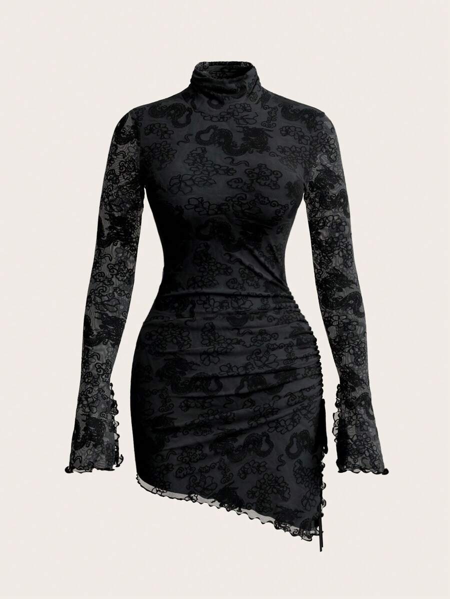 SHEIN ICON Women's Spring Summer Stand Collar Fitted Solid Color Long Sleeve Mesh Dress