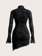 SHEIN ICON Women's Spring Summer Stand Collar Fitted Solid Color Long Sleeve Mesh Dress