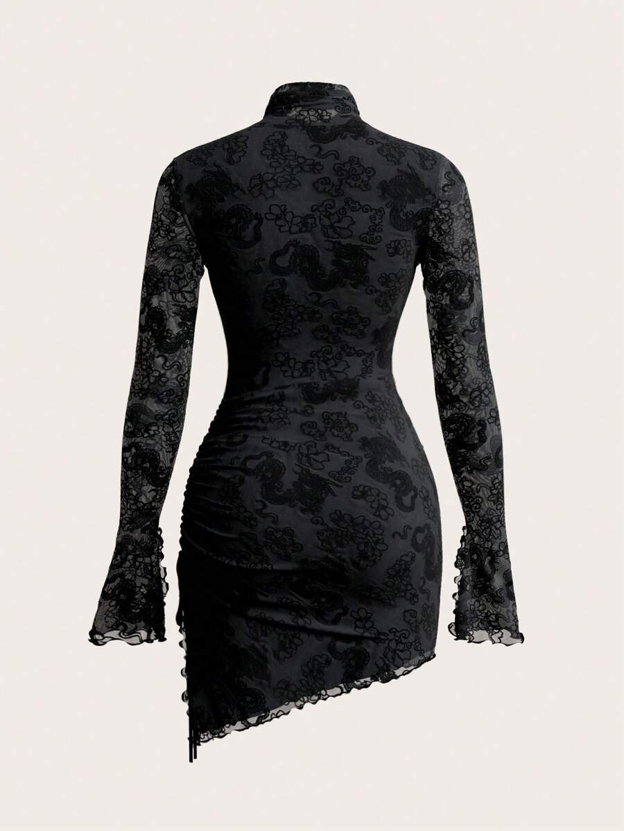 SHEIN ICON Women's Spring Summer Stand Collar Fitted Solid Color Long Sleeve Mesh Dress