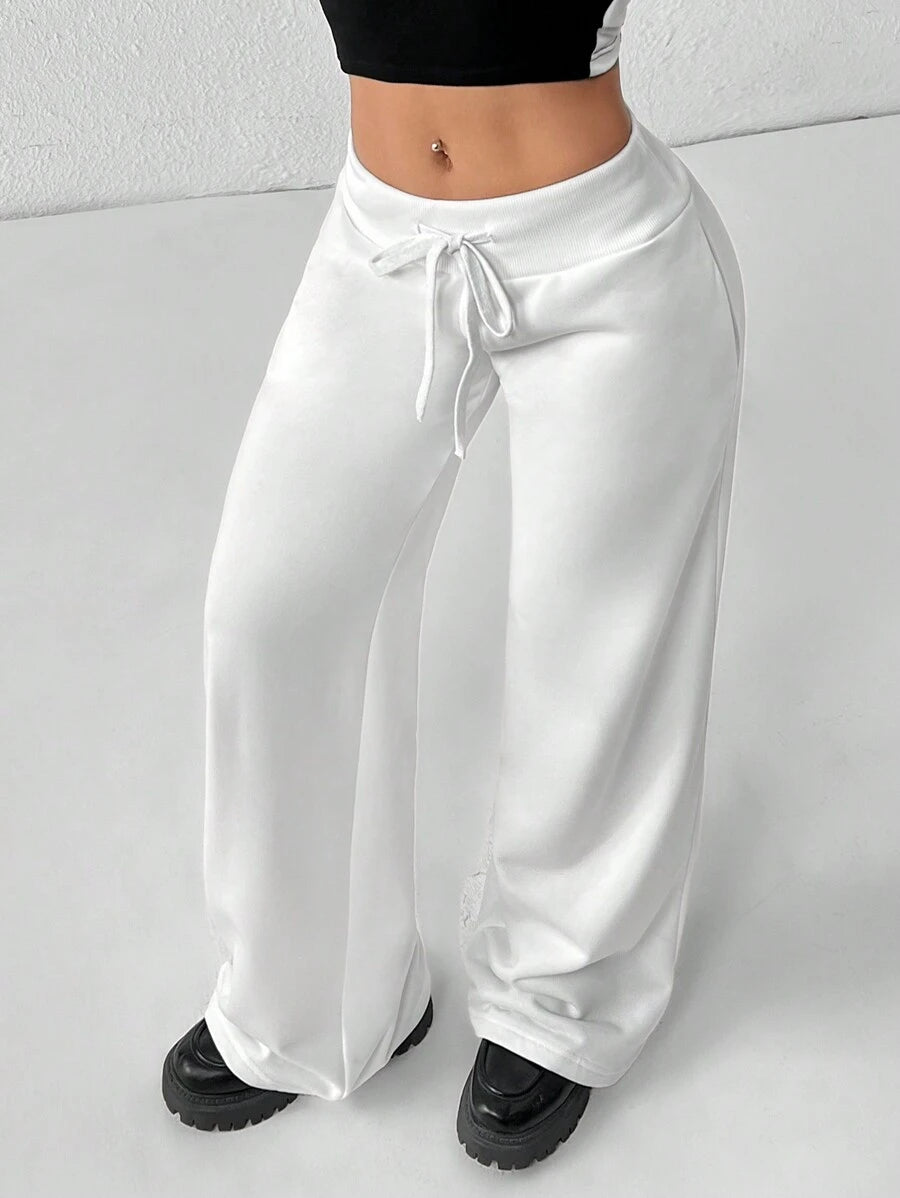 SHEIN PETITE Comfortable And Casual Plain Knitted Low-Rise Wide-Leg Women's Sweatpants Baggy