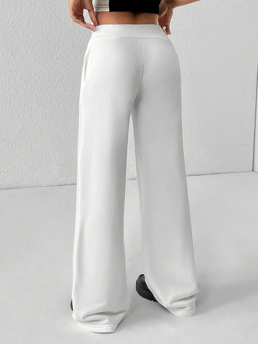 SHEIN PETITE Comfortable And Casual Plain Knitted Low-Rise Wide-Leg Women's Sweatpants Baggy