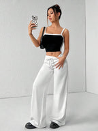 SHEIN PETITE Comfortable And Casual Plain Knitted Low-Rise Wide-Leg Women's Sweatpants Baggy