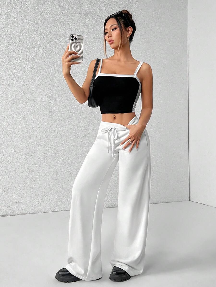 SHEIN PETITE Comfortable And Casual Plain Knitted Low-Rise Wide-Leg Women's Sweatpants Baggy