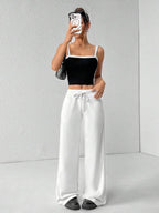 SHEIN PETITE Comfortable And Casual Plain Knitted Low-Rise Wide-Leg Women's Sweatpants Baggy