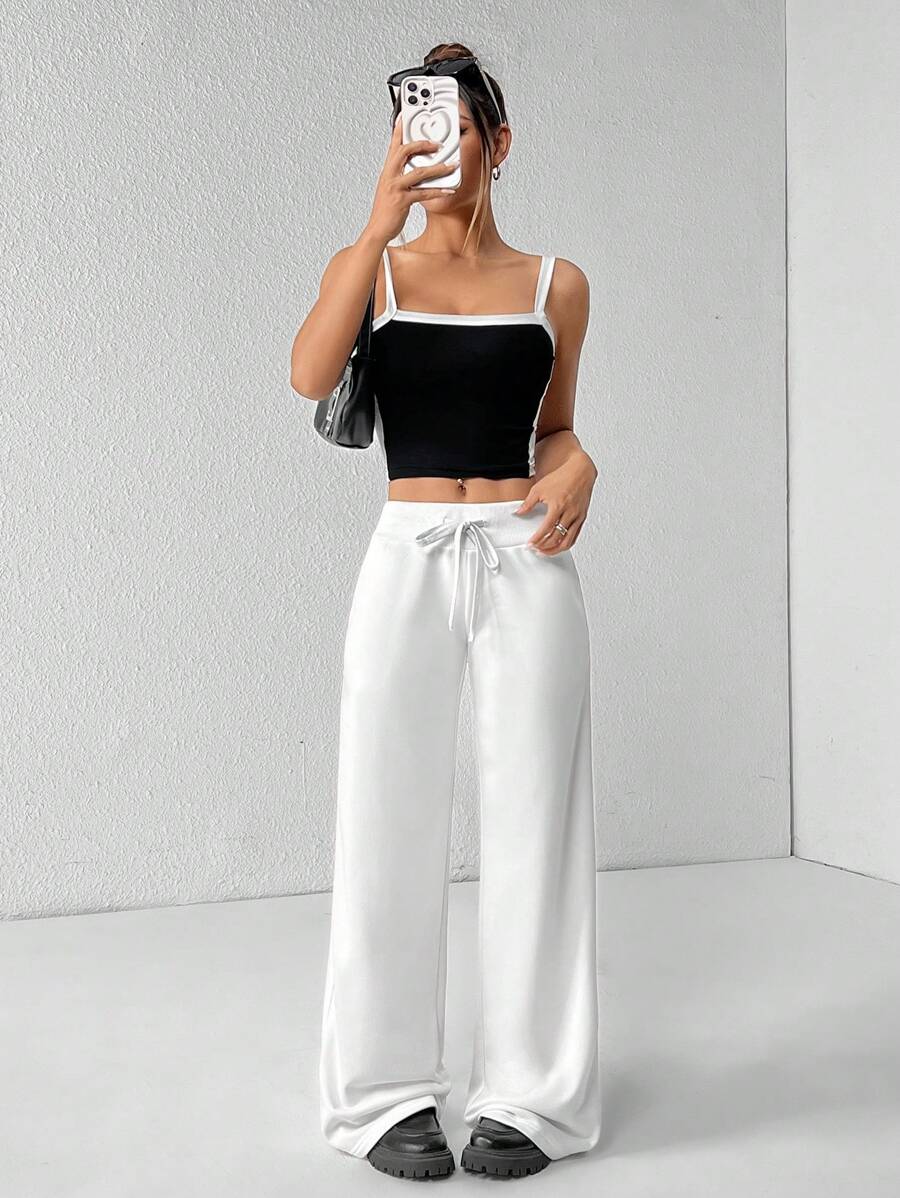 SHEIN PETITE Comfortable And Casual Plain Knitted Low-Rise Wide-Leg Women's Sweatpants Baggy