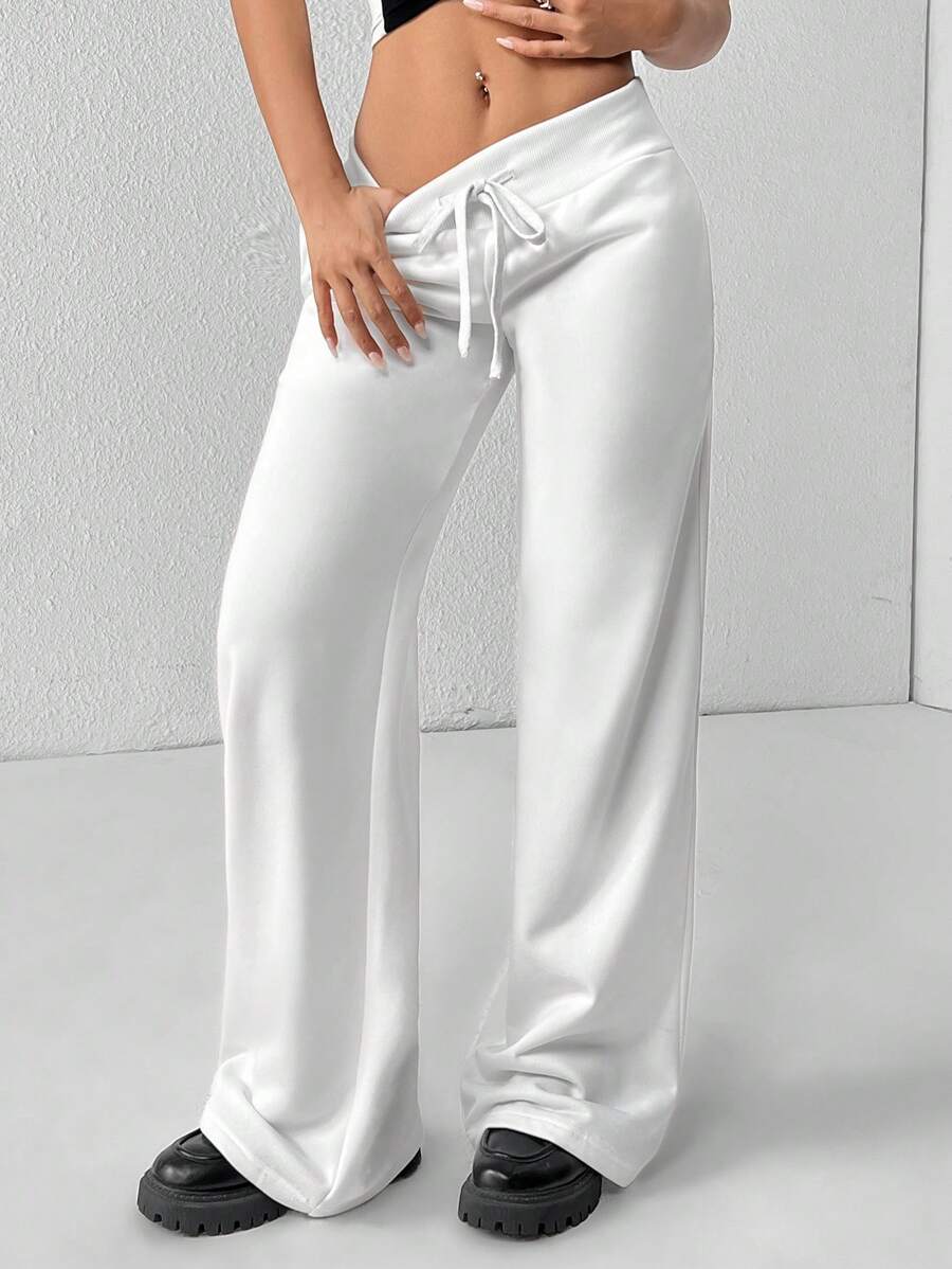 SHEIN PETITE Comfortable And Casual Plain Knitted Low-Rise Wide-Leg Women's Sweatpants Baggy