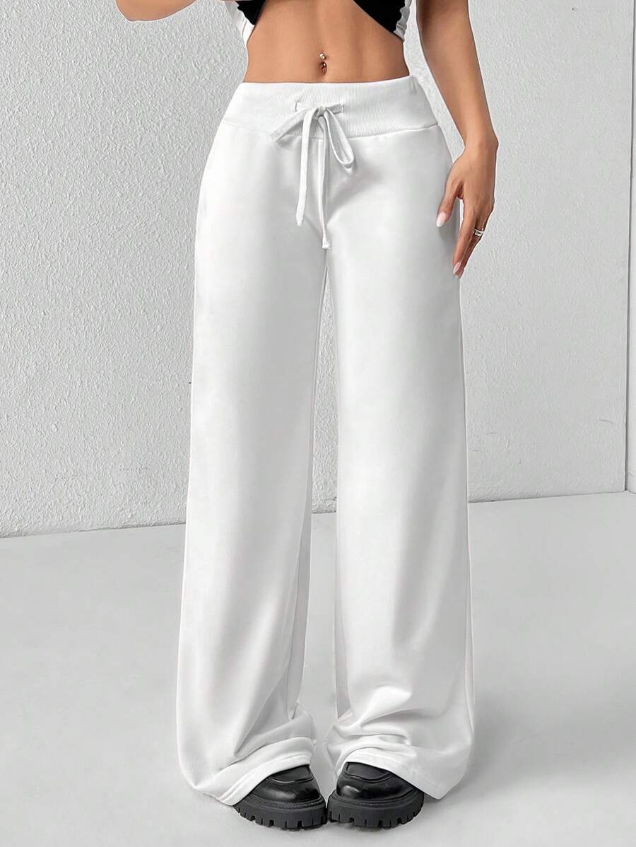 SHEIN PETITE Comfortable And Casual Plain Knitted Low-Rise Wide-Leg Women's Sweatpants Baggy