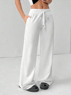 SHEIN PETITE Comfortable And Casual Plain Knitted Low-Rise Wide-Leg Women's Sweatpants Baggy