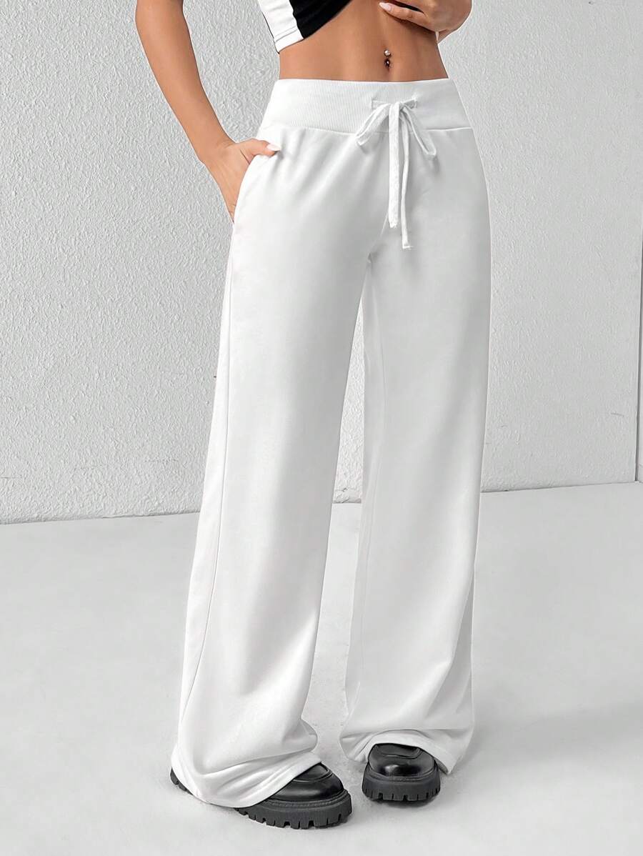SHEIN PETITE Comfortable And Casual Plain Knitted Low-Rise Wide-Leg Women's Sweatpants Baggy