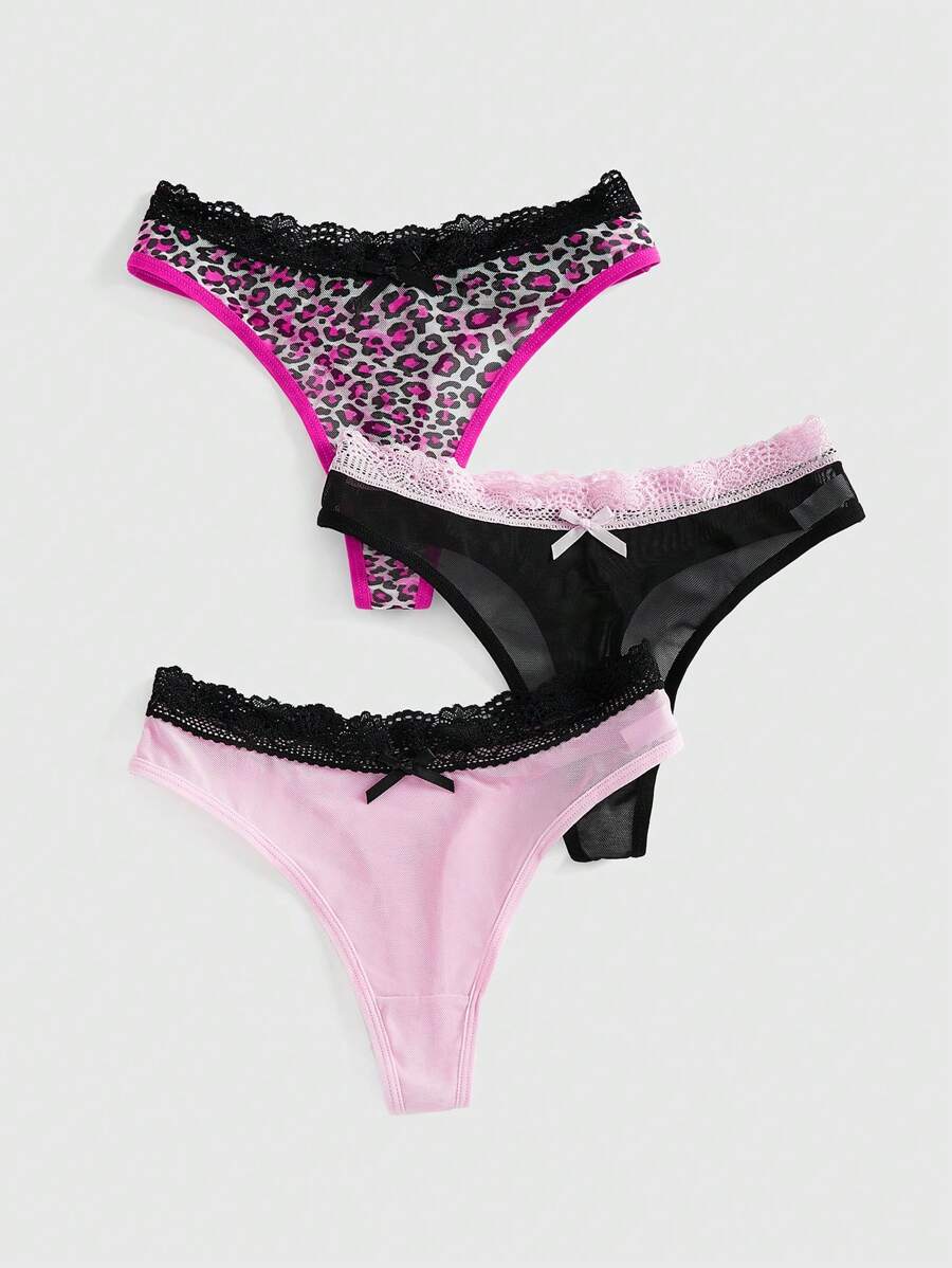 ROMWE J-Fashion 3pcs Y2K Harajuku Leopard Print Mesh & Lace Trim Women Narrow Band Brief Panty Set