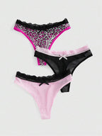 ROMWE J-Fashion 3pcs Y2K Harajuku Leopard Print Mesh & Lace Trim Women Narrow Band Brief Panty Set