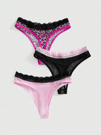 ROMWE J-Fashion 3pcs Y2K Harajuku Leopard Print Mesh & Lace Trim Women Narrow Band Brief Panty Set