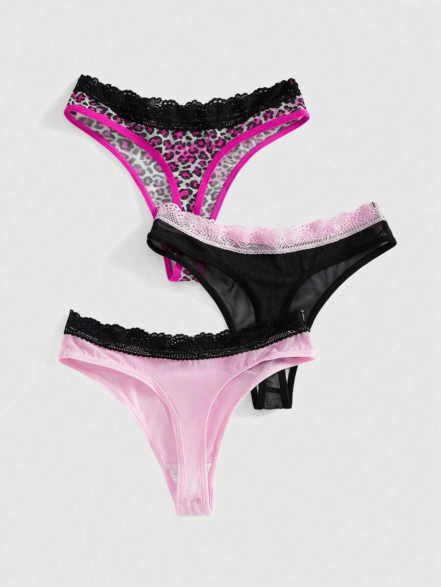 ROMWE J-Fashion 3pcs Y2K Harajuku Leopard Print Mesh & Lace Trim Women Narrow Band Brief Panty Set