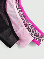 ROMWE J-Fashion 3pcs Y2K Harajuku Leopard Print Mesh & Lace Trim Women Narrow Band Brief Panty Set