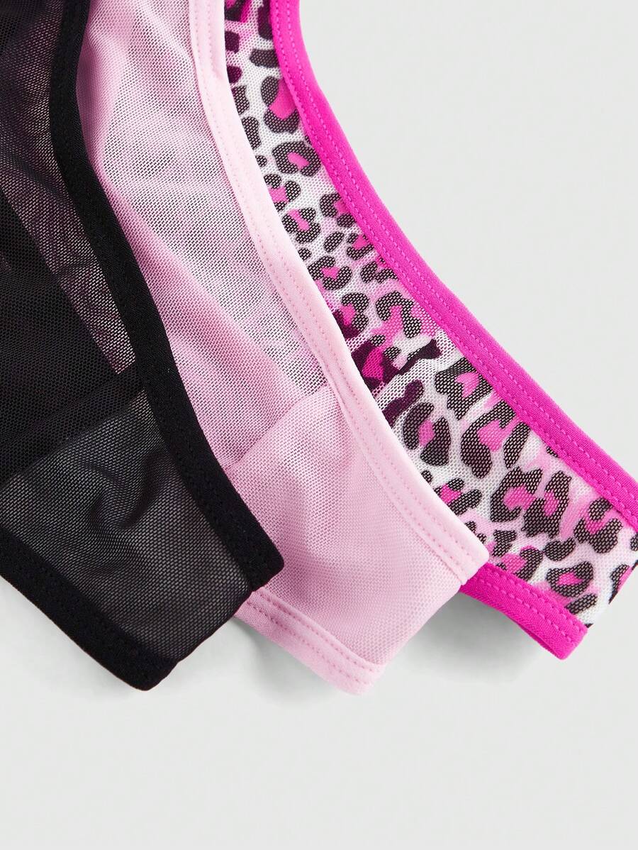ROMWE J-Fashion 3pcs Y2K Harajuku Leopard Print Mesh & Lace Trim Women Narrow Band Brief Panty Set