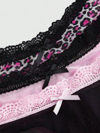 ROMWE J-Fashion 3pcs Y2K Harajuku Leopard Print Mesh & Lace Trim Women Narrow Band Brief Panty Set