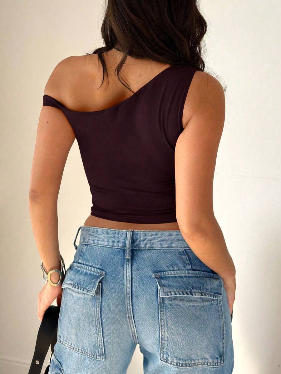 Women's Solid Color Casual Oblique Shoulder Short Sleeve Top