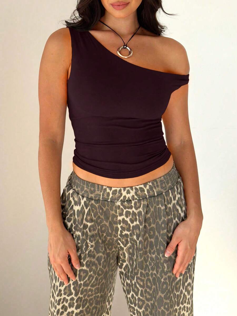 Women's Solid Color Casual Oblique Shoulder Short Sleeve Top