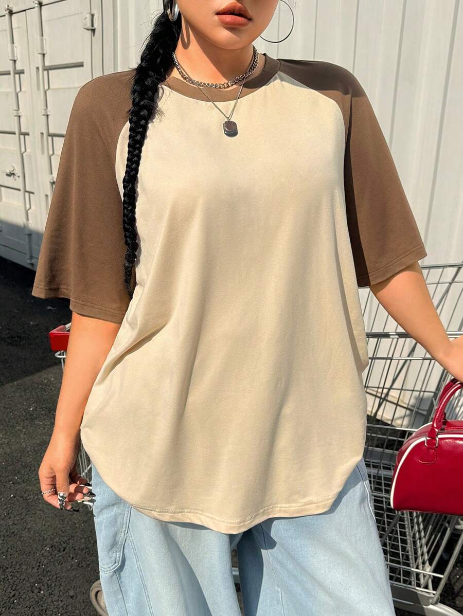 SHEIN EZwear Plus Size Summer Basic Casual Raglan Sleeve Short Sleeve Loose T-Shirt