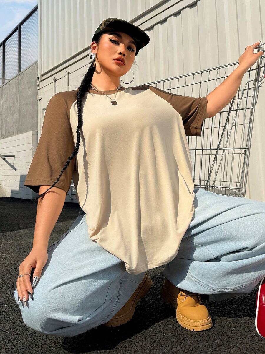 SHEIN EZwear Plus Size Summer Basic Casual Raglan Sleeve Short Sleeve Loose T-Shirt