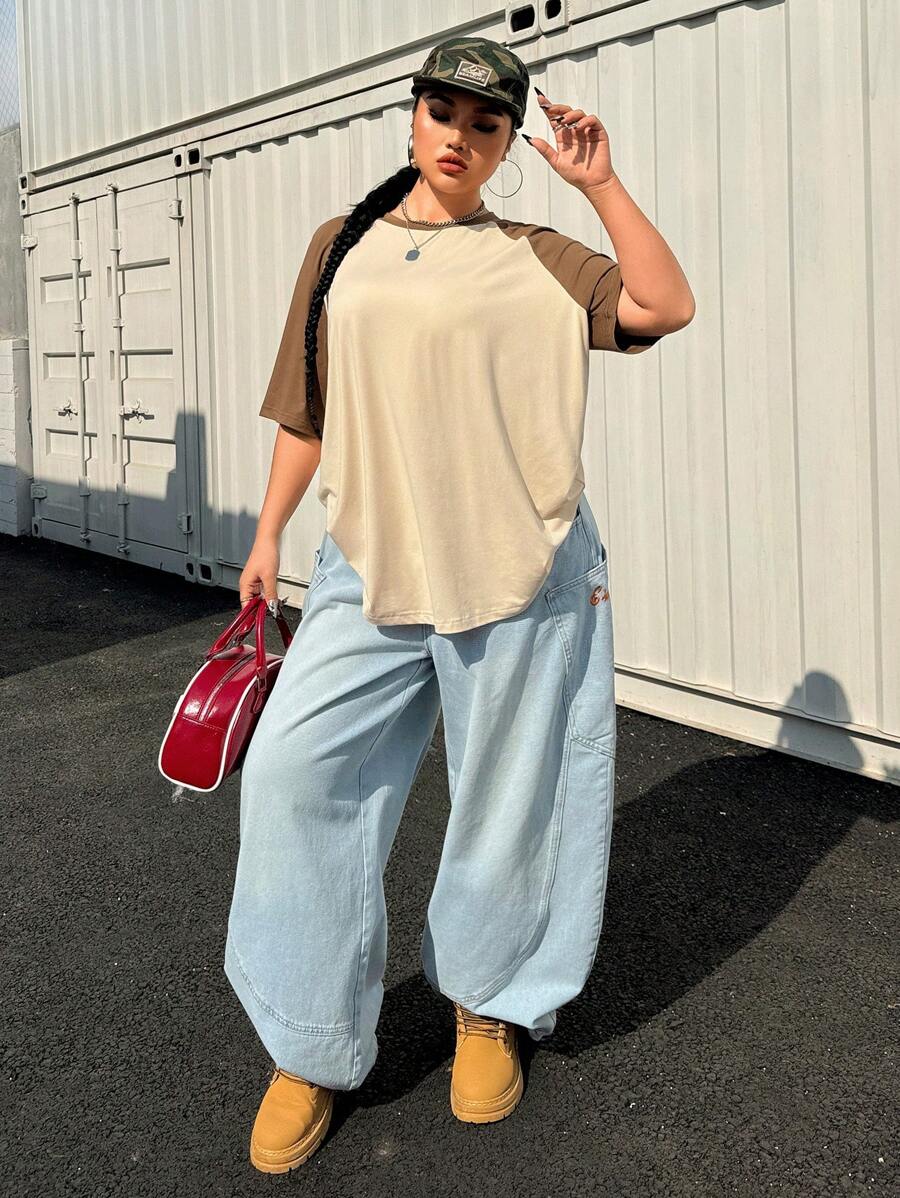 SHEIN EZwear Plus Size Summer Basic Casual Raglan Sleeve Short Sleeve Loose T-Shirt