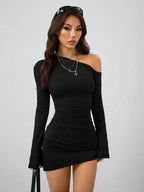 Coolane Women's Spring New Year Eve Date Night Coquette Rib Knit Ruched Asymmetrical Neck Slim Fit Skirts Mini Ruched Dresses For Elegant,Valentine's Day, Nye Outfit,Summer Dresses For Women