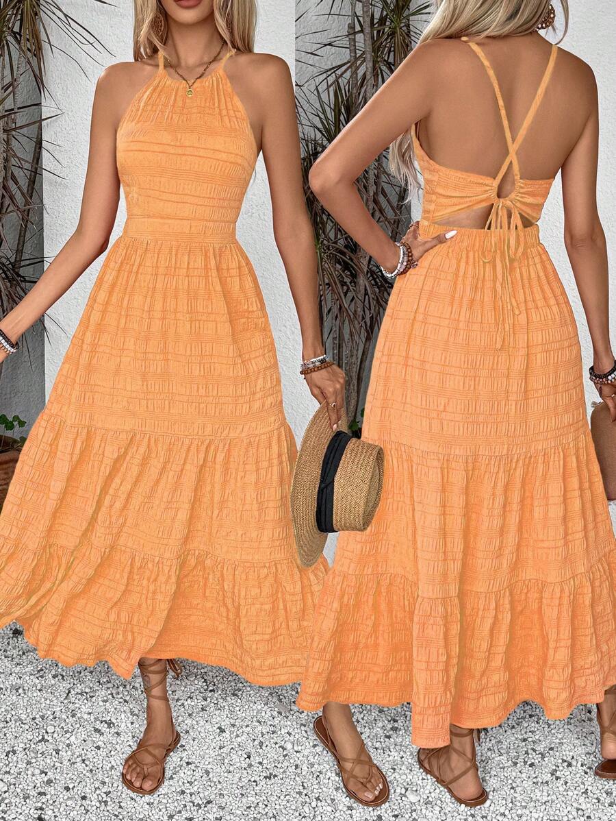 Breezaya Summer Holiday Solid Color Textured Backless Dress For New Year Clothes Maxi Vacation Beach Outfits Women