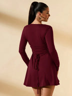 SHEIN BAE Women's Slim-Fitting Long-Sleeved High-Neck Mini Dress With Ruffled Hem, Coffee Color, Suitable For Layering, Dating Or Commuting In Autumn And Winter, Elegant Card Dress Umbrella Skirt Office Wear Work Wear Autumn Inner Wear,Summer Dresses For Women,Tea Party Dress