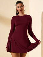SHEIN BAE Women's Slim-Fitting Long-Sleeved High-Neck Mini Dress With Ruffled Hem, Coffee Color, Suitable For Layering, Dating Or Commuting In Autumn And Winter, Elegant Card Dress Umbrella Skirt Office Wear Work Wear Autumn Inner Wear,Summer Dresses For Women,Tea Party Dress