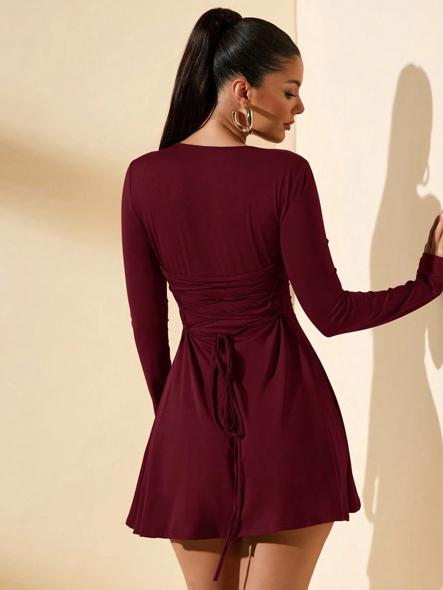 SHEIN BAE Women's Slim-Fitting Long-Sleeved High-Neck Mini Dress With Ruffled Hem, Coffee Color, Suitable For Layering, Dating Or Commuting In Autumn And Winter, Elegant Card Dress Umbrella Skirt Office Wear Work Wear Autumn Inner Wear,Summer Dresses For Women,Tea Party Dress