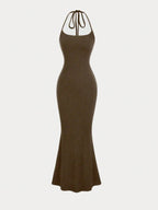Sweetra Women Fitted Halter Mermaid Dress, Black Maxi Women Outfit